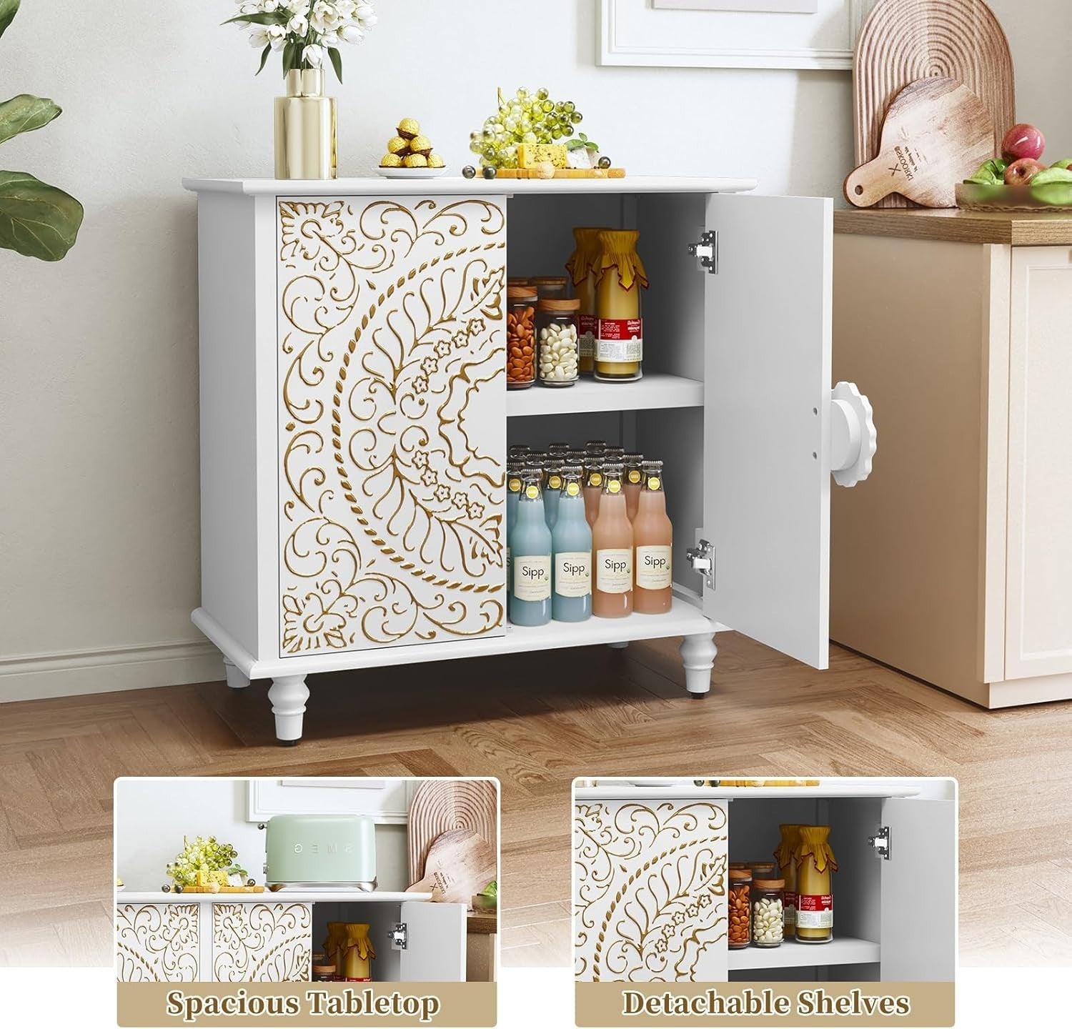 White Carved Wood Sideboard Cabinet 2 Door Vintage Boho Storage Unit