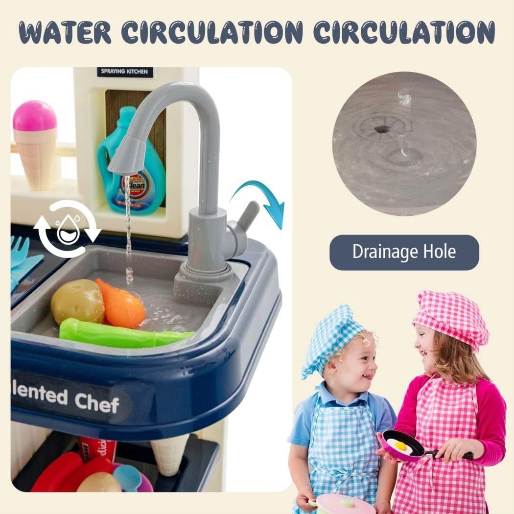 Kids Play Kitchen Set Lights Sounds Running Water 65PCS Blue Toy