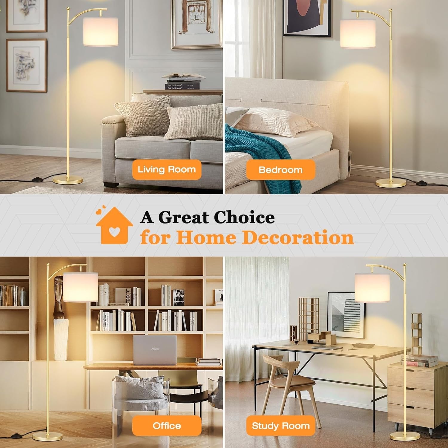 Gold Arc Floor Lamp Dimmable LED Remote Control Modern Standing Light