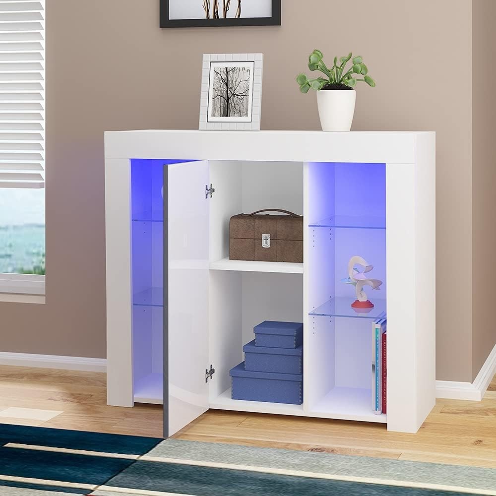 LED Sideboard Cabinet Grey Modern Display Unit with Glass Shelves RGB