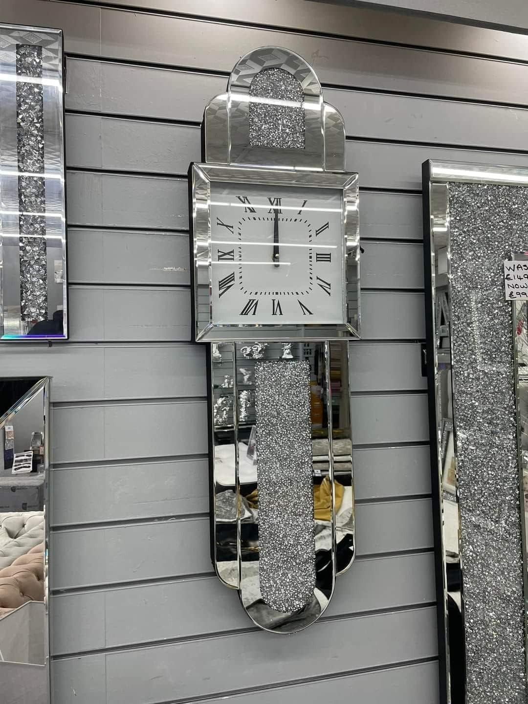 Tall Silver Wall Clock Sparkle Crystal Mirror Glass Silent Luxury 100x30cm