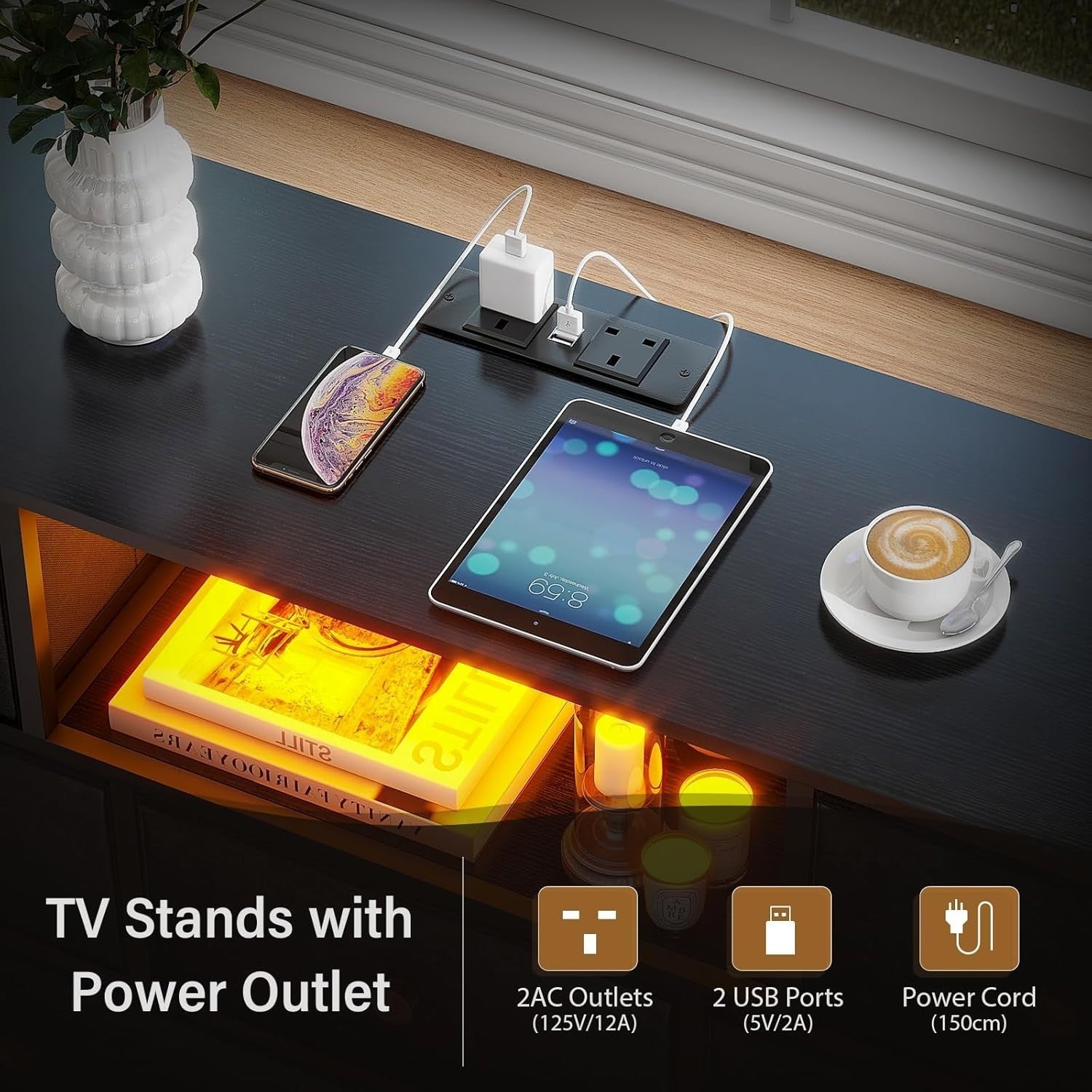 Wide 8-Drawer Chest Dresser TV Stand with LED Lights & USB Charging Ports
