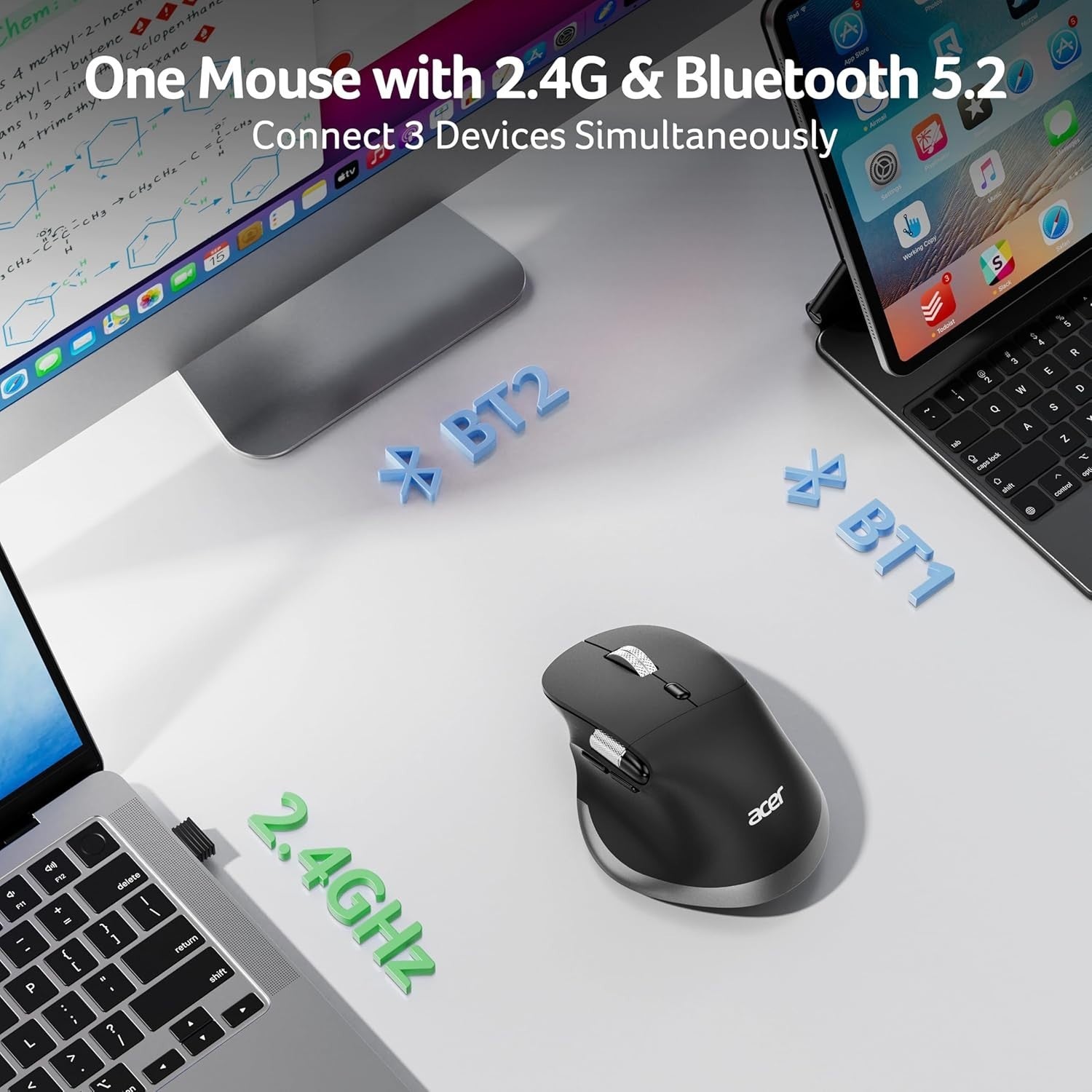 Ergonomic Wireless Mouse Side Scroll Bluetooth Dual Mode 4800 DPI Office