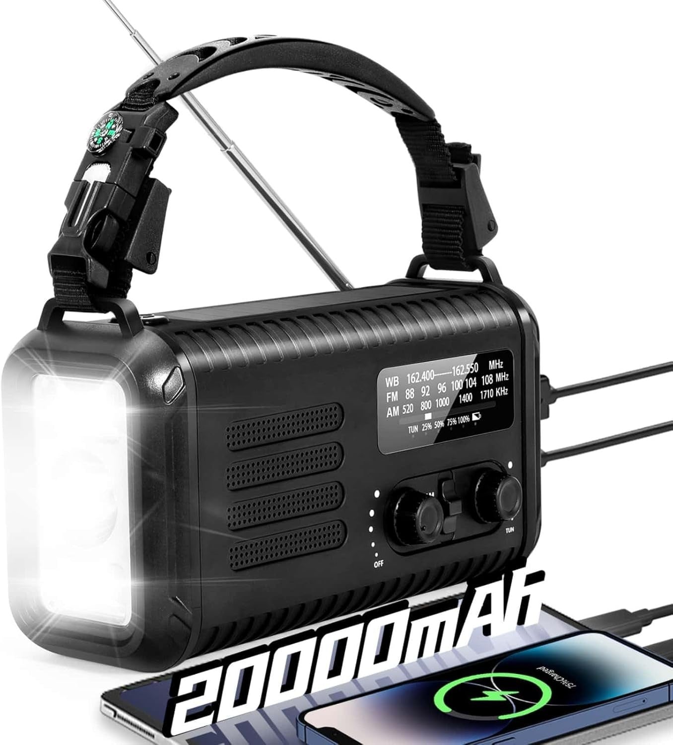 Wind Up Black Solar Emergency Radio with 20000mAh Battery, AM/FM & Flashlight