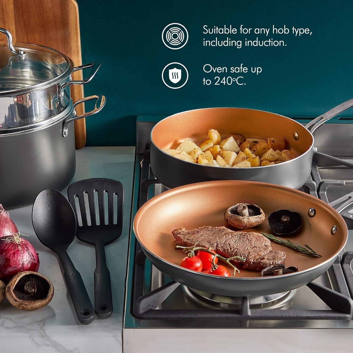 11Pcs Black Non-Stick Saucepan and Frying Pan Set with Glass Lids & Utensils