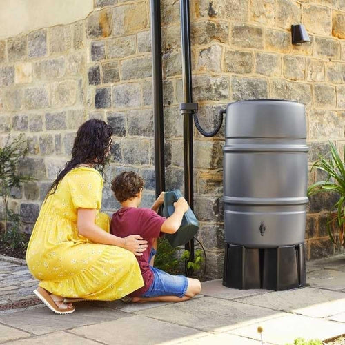 227L Grey Water Butt Kit With Stand & Downpipe Fittings | Garden Rain Collector