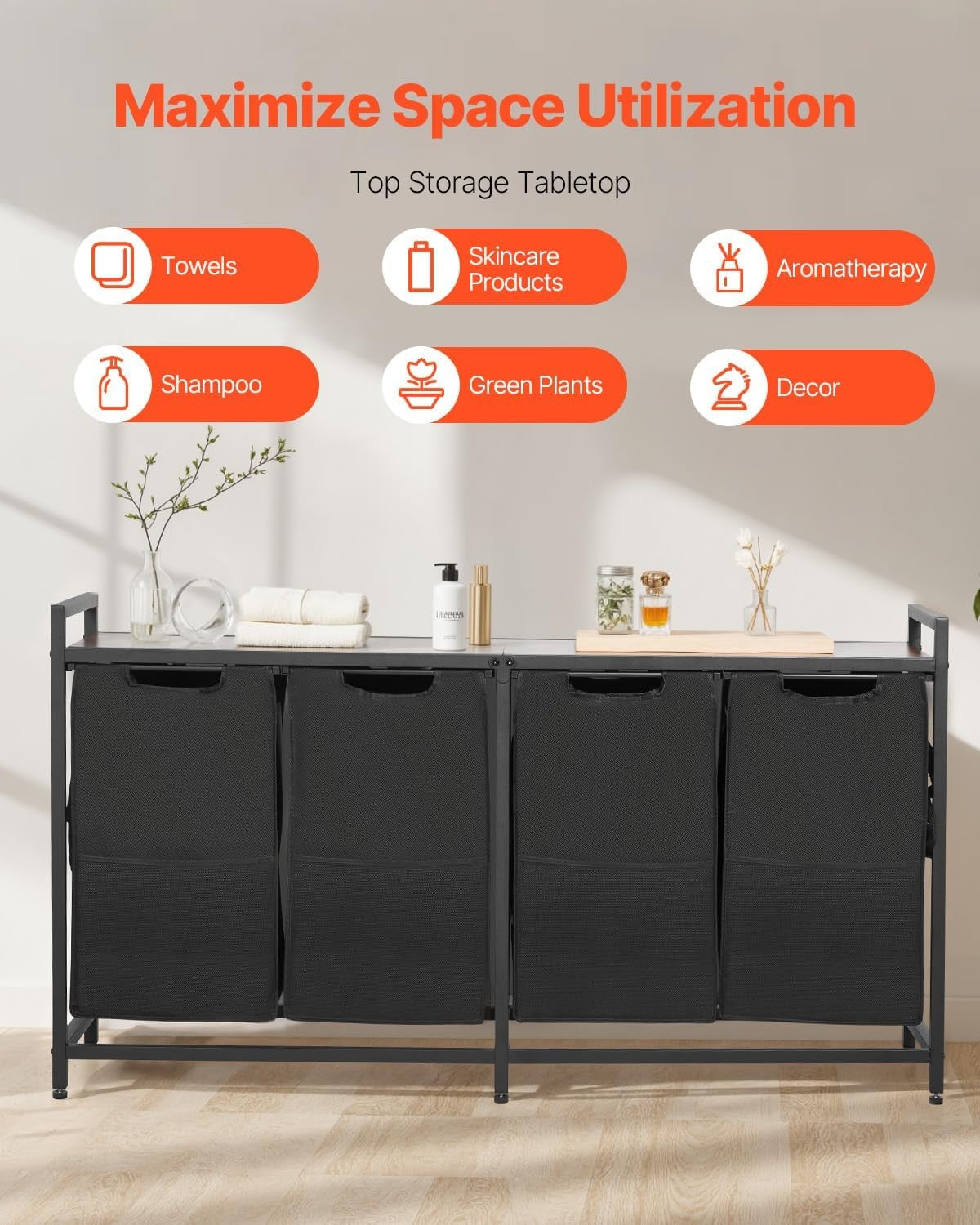 4 Section Laundry Sorter with Wood Top Large Rolling Hamper Pull-Out Bags Black