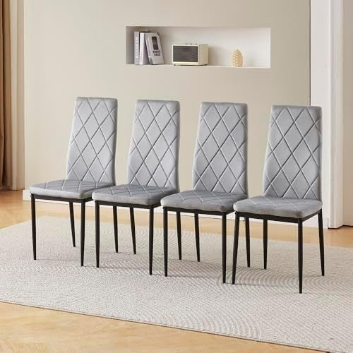 Modern 5-Piece Round Glass Dining Table with 4 Grey Velvet Chairs Set