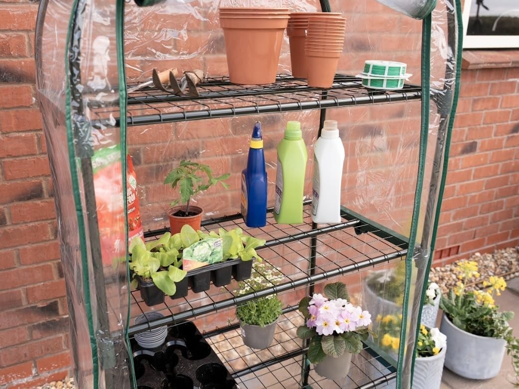 4 Tier Mini Greenhouse with Clear PVC Cover | Compact Outdoor Plant Shelving