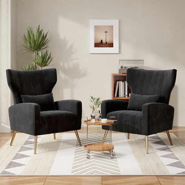 2x Black Velvet Recliner Armchairs Gold Legs Lounge Chairs Modern Set