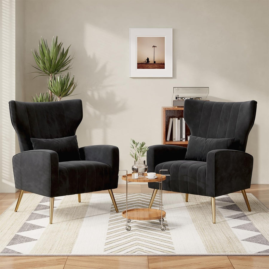 2x Black Velvet Recliner Armchairs Gold Legs Lounge Chairs Modern Set