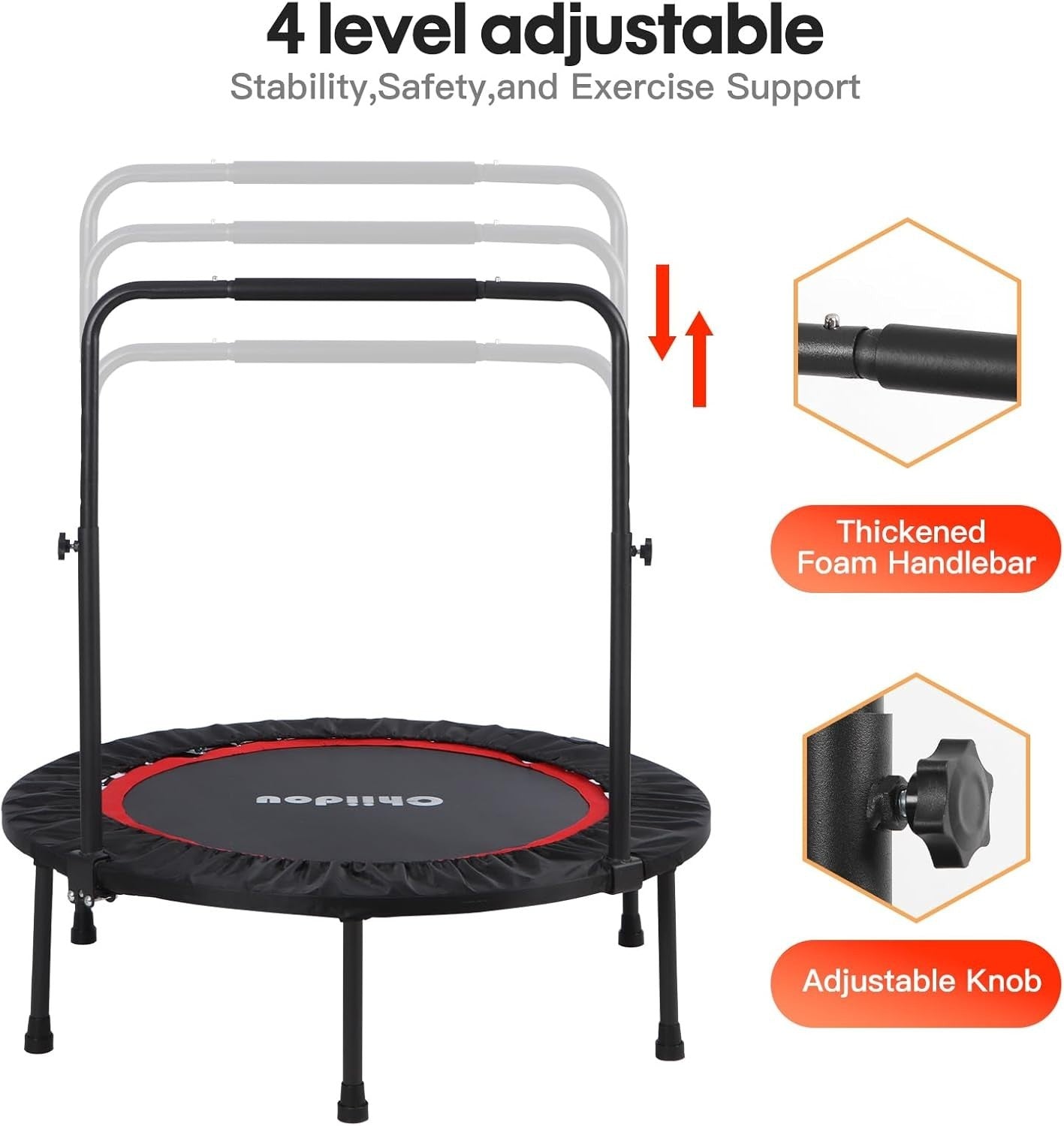 40'' Fitness Trampoline Foldable Rebounder Adjustable Handle Indoor Workout