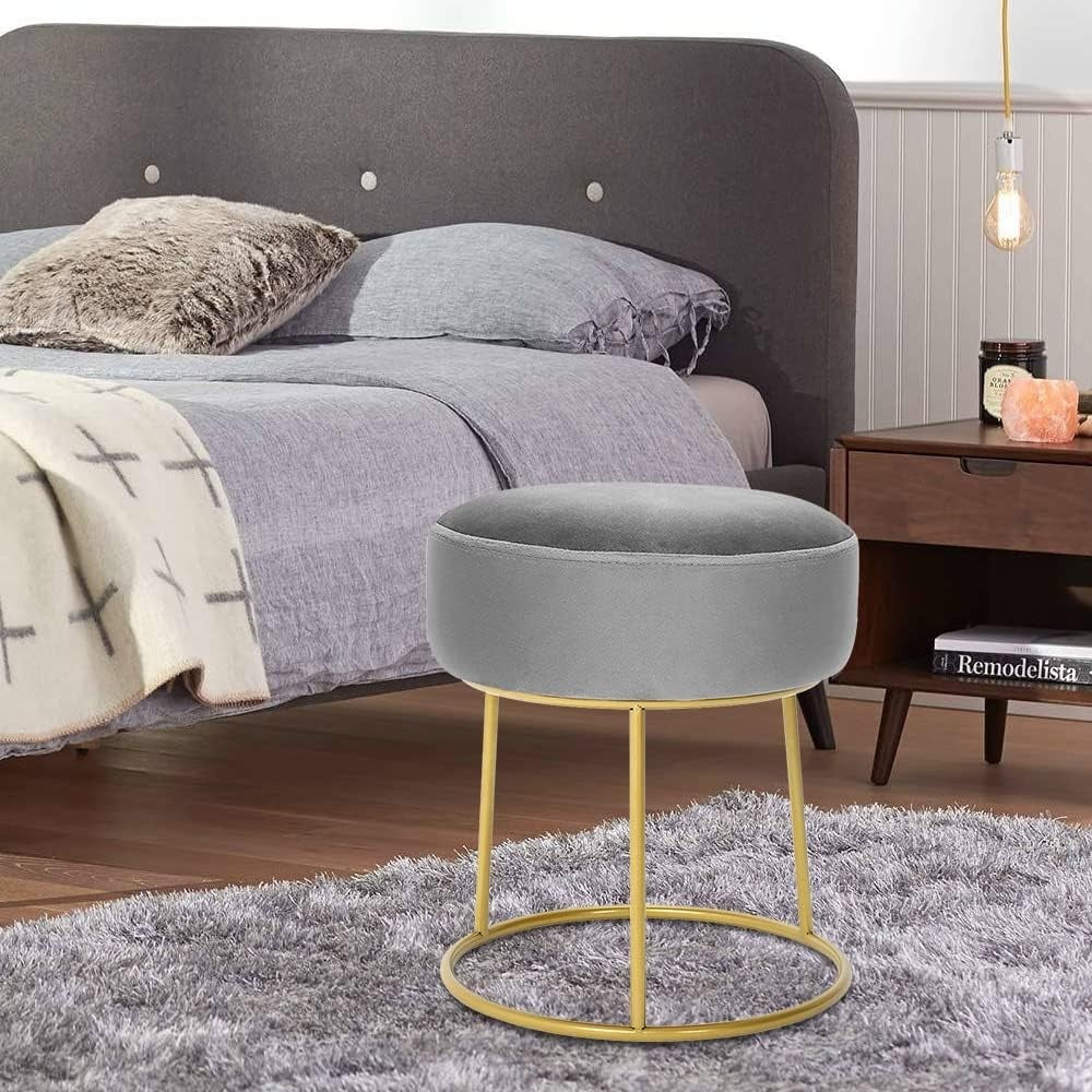 Grey Velvet Round Dressing Table Stool Ottoman Footrest with Metal Base