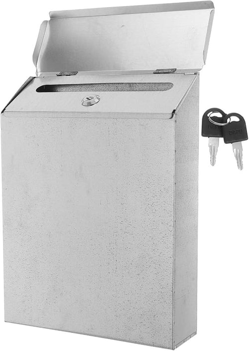 Locking Wall Mount Mailbox Silver Iron Secure Suggestion Box Outdoor Use