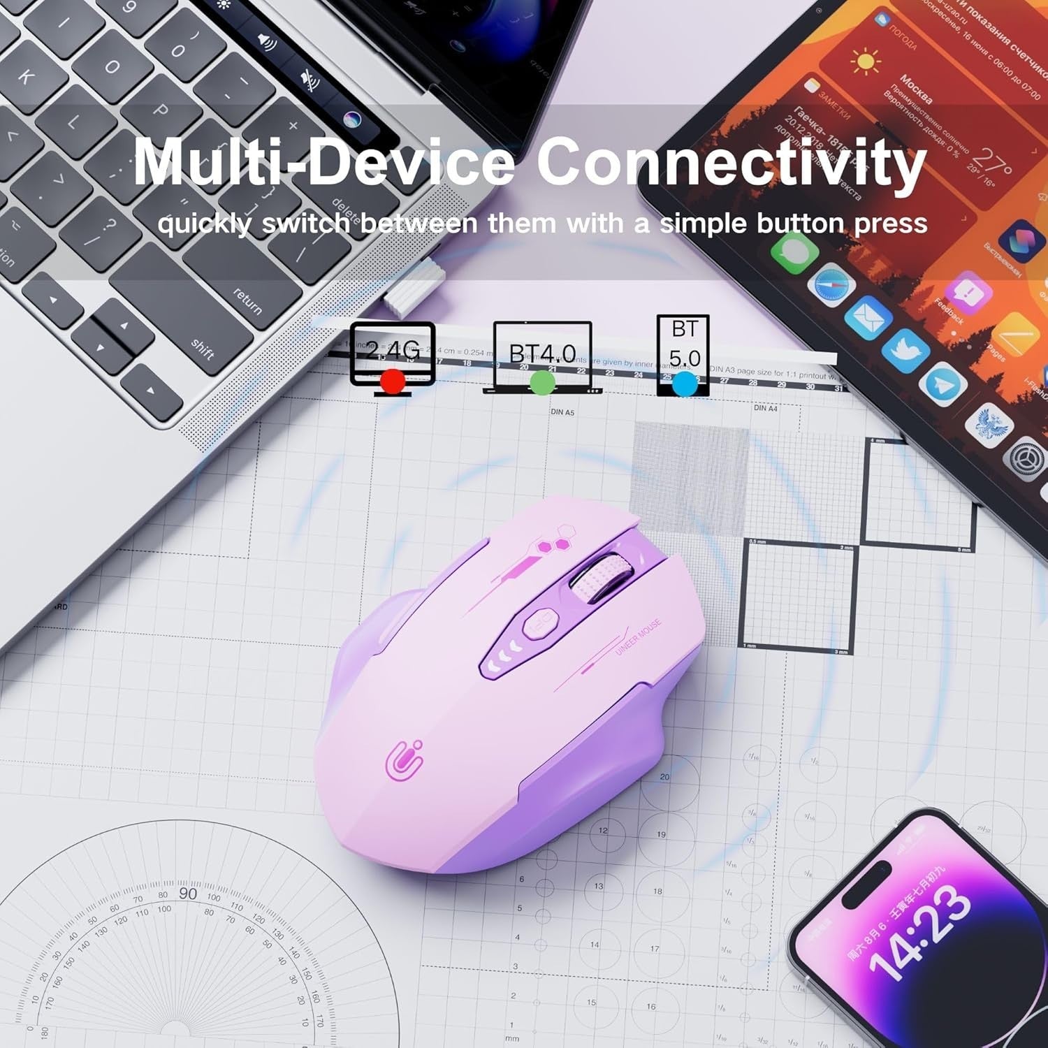 Tri Mode Bluetooth Mouse Rechargeable Multi Device Adjustable DPI Ergonomic