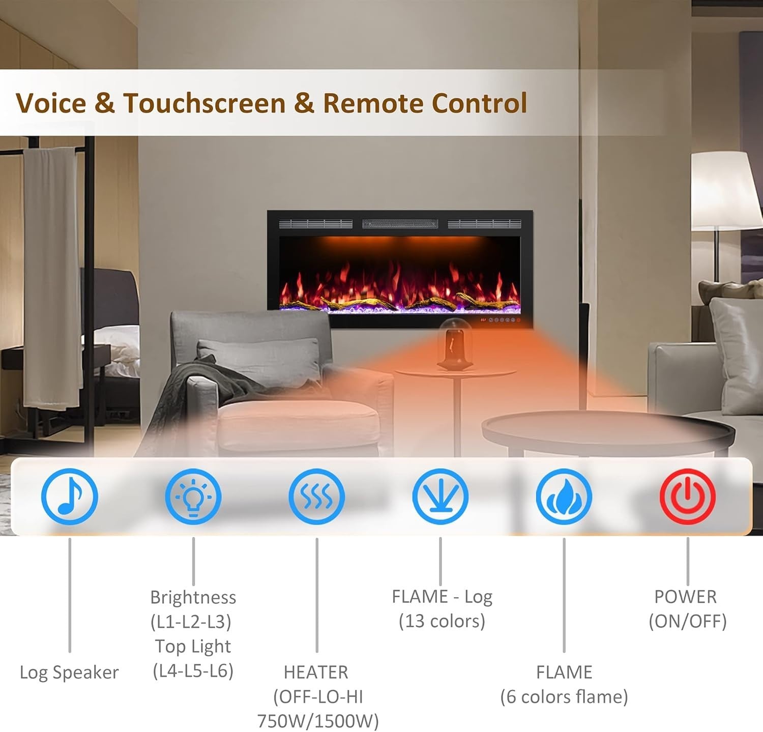 183cm Electric Wall-Mount Fireplace with Thermostat, 6 Flame Colors, WiFi