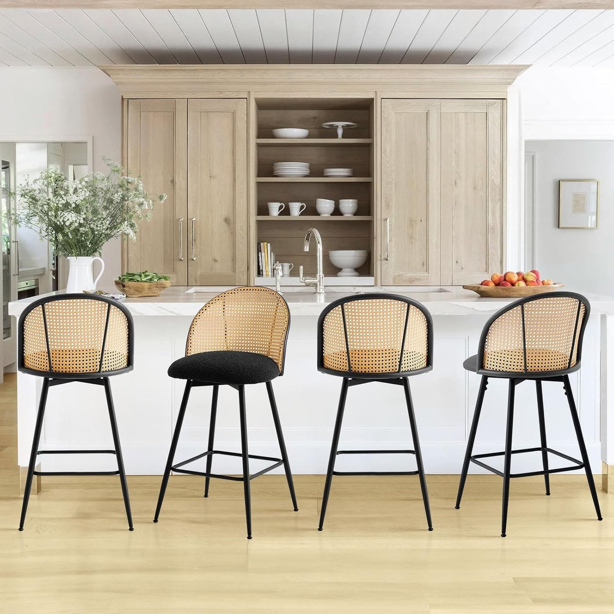Set of 4 Counter Height Swivel Bar Stools Upholstered Rattan Back Kitchen