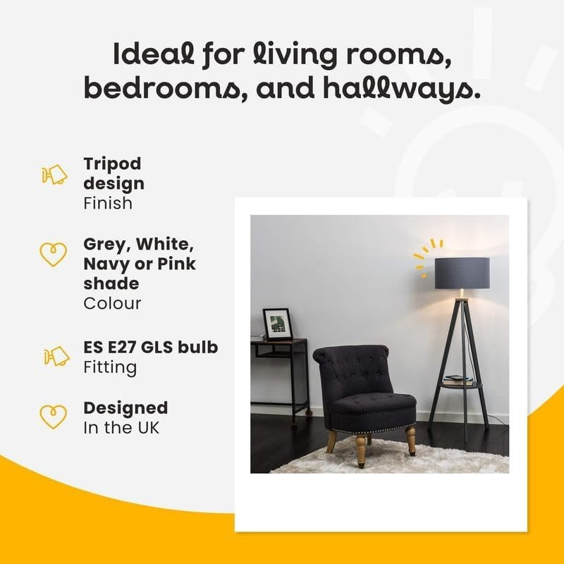 Wood Tripod Floor Lamp with Shelf & White Drum Shade | E27 LED | Modern Loft