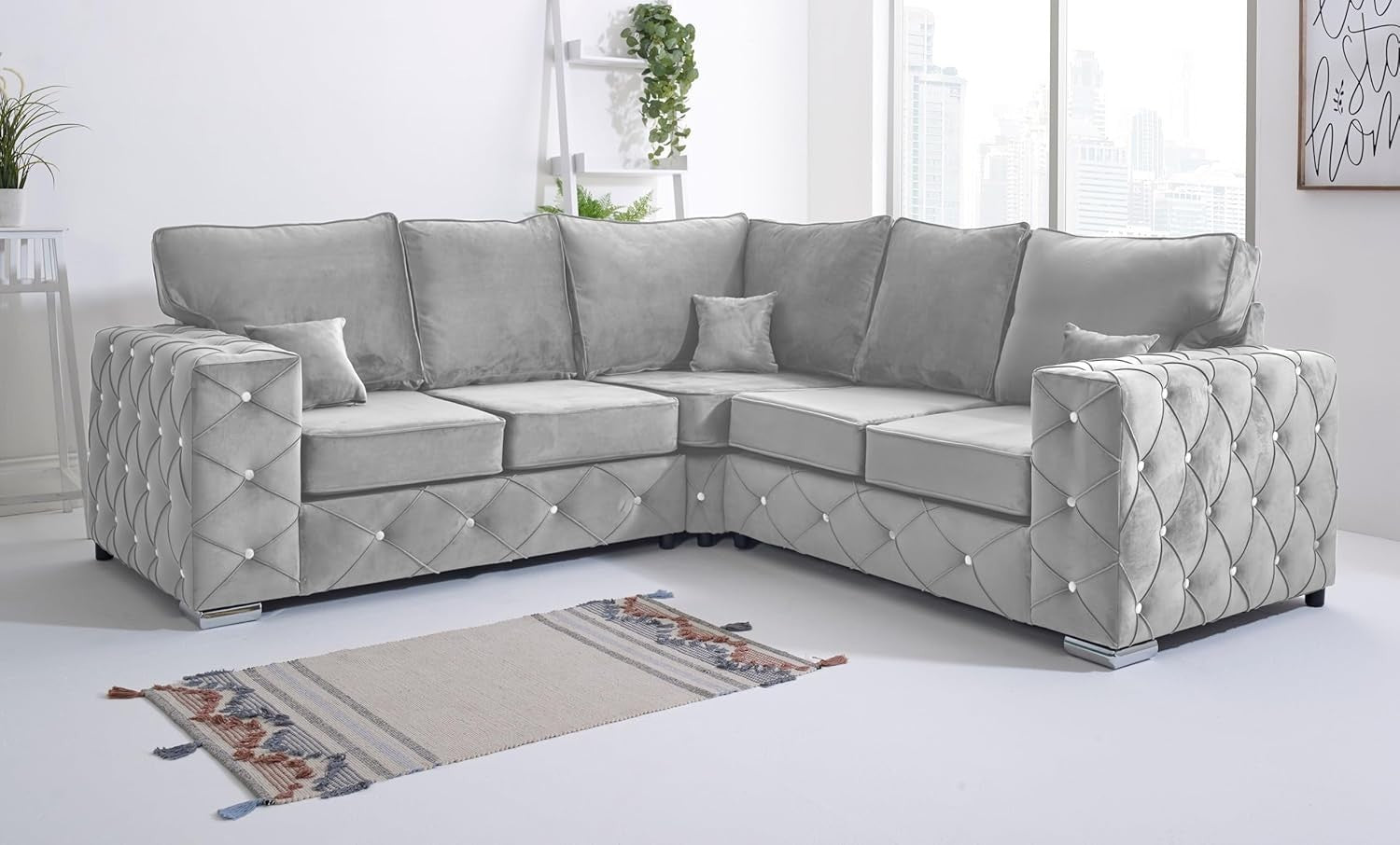 Silver Plush Velvet 5 Seater Corner Sofa - Milton Fullback Diamond Button Tufted