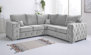 Silver Plush Velvet 5 Seater Corner Sofa - Milton Fullback Diamond Button Tufted