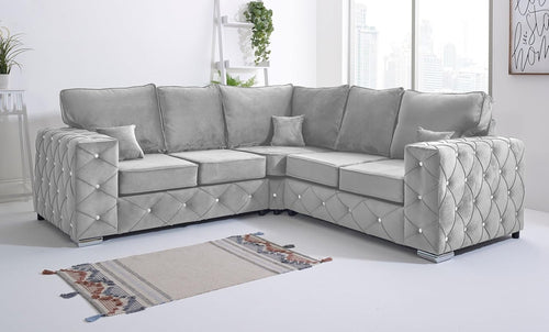 Silver Plush Velvet 5 Seater Corner Sofa - Milton Fullback Diamond Button Tufted