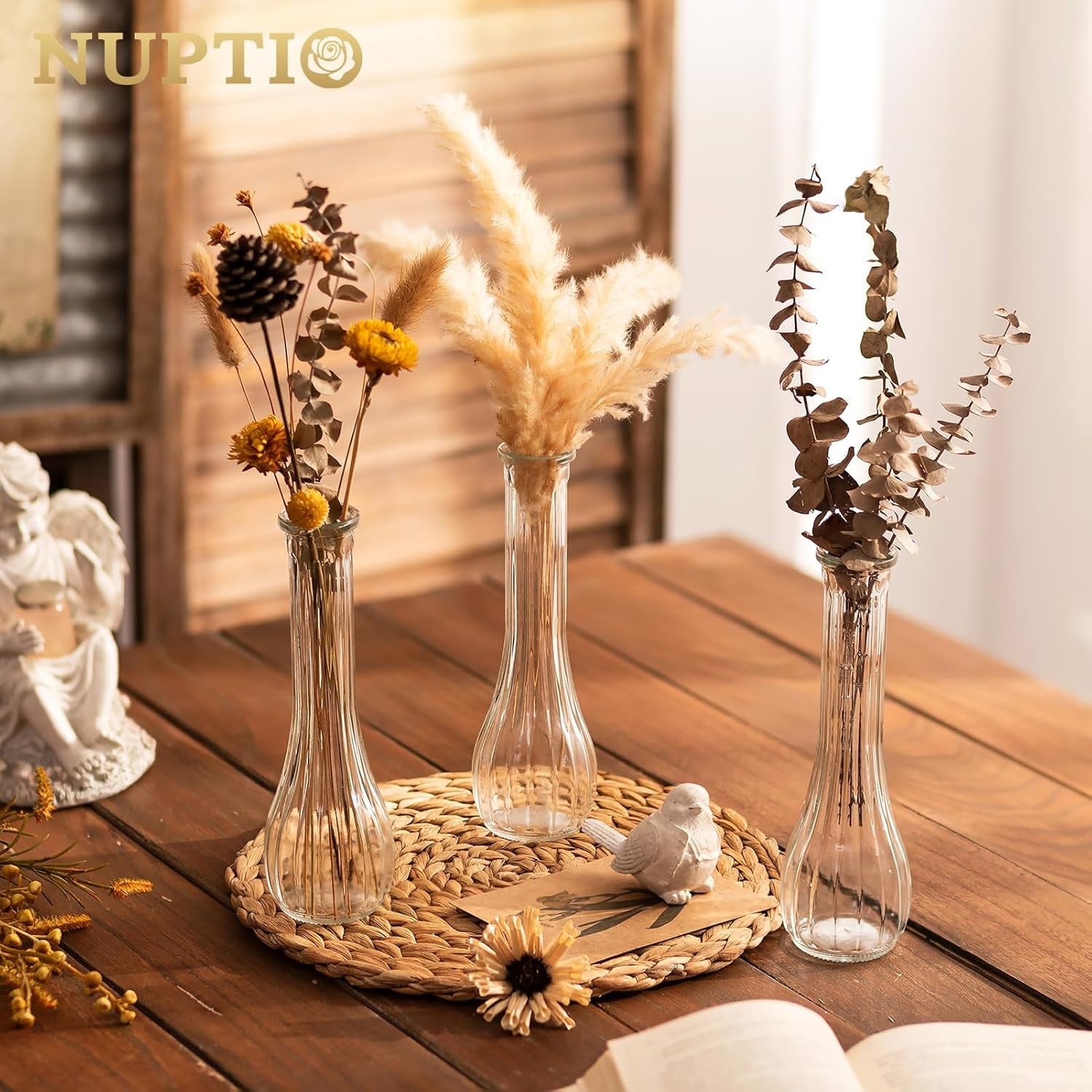 Clear Glass Bud Vase Set of 12 Tall Ribbed Flower Vases Wedding Table Decor