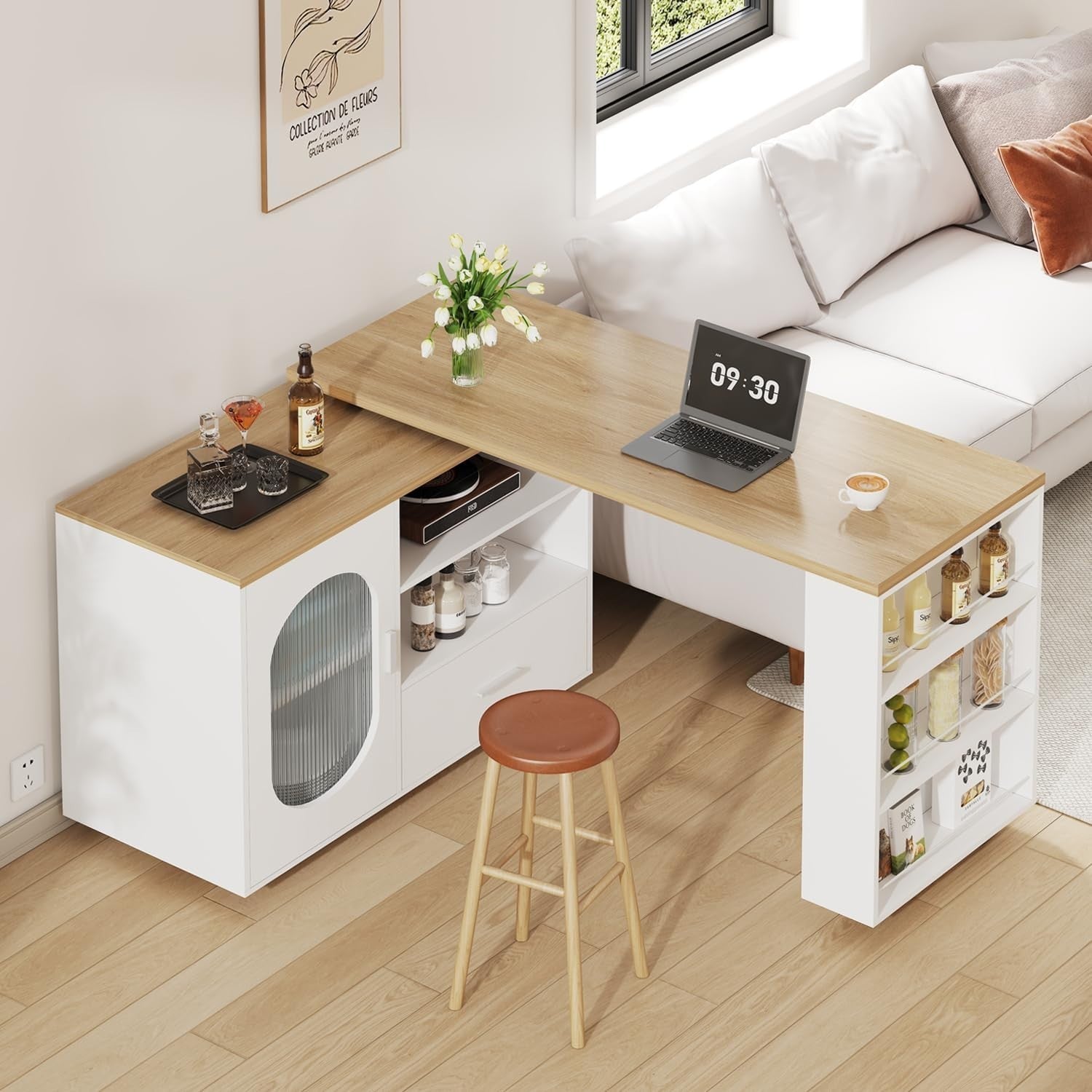 White Modern Kitchen Island on Wheels with 360° Rotating Top, Storage & Drawers