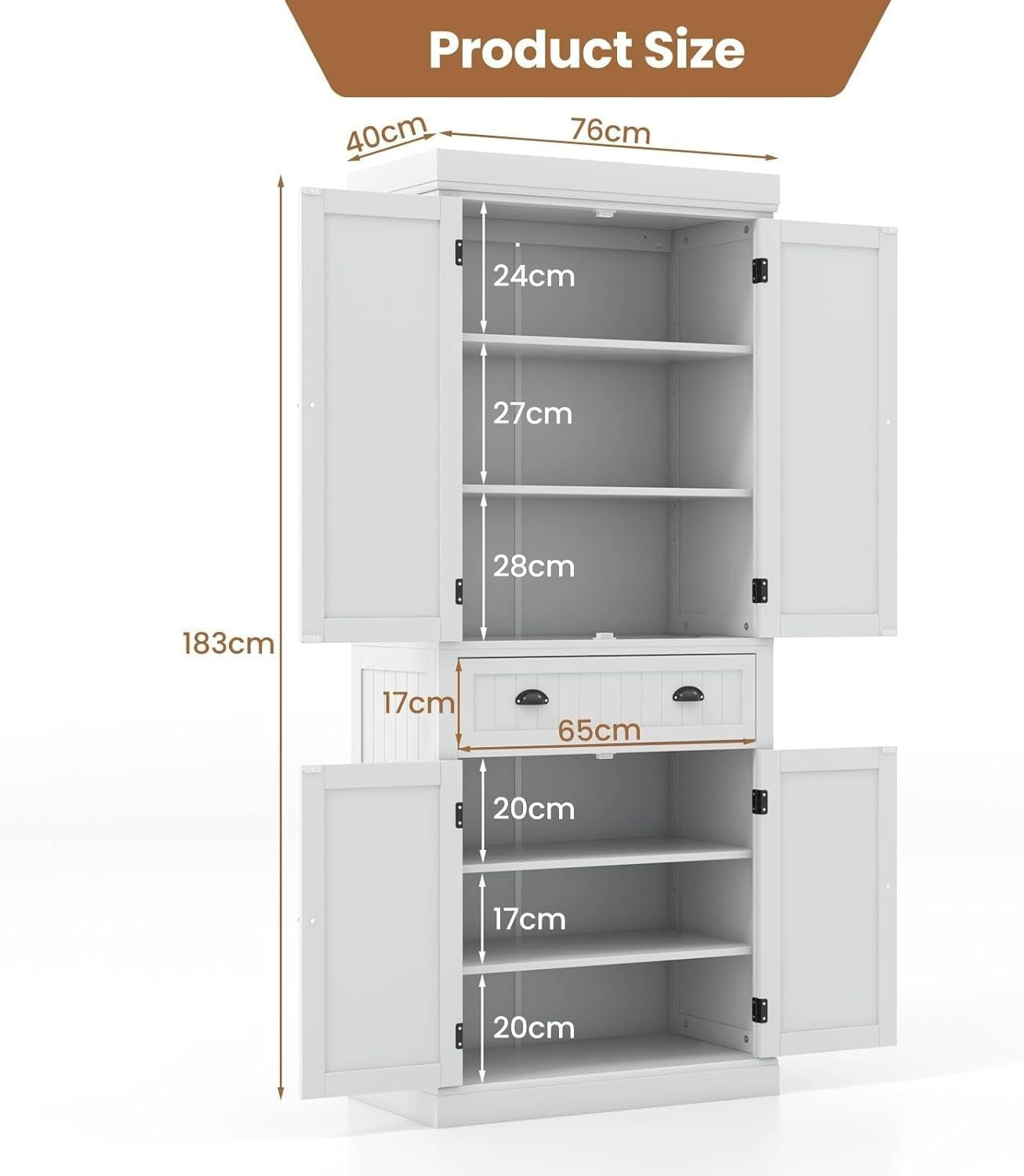White Tall Kitchen Cupboard 183cm Pantry Storage Cabinet Drawer Shelves