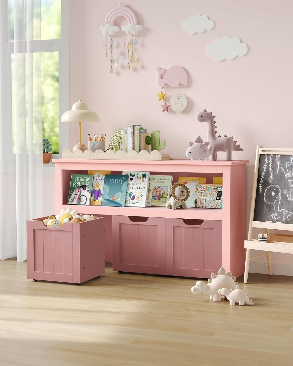 Kids Toy Storage Cabinet with Wheels Pink – 3 Drawer Bookcase Unit