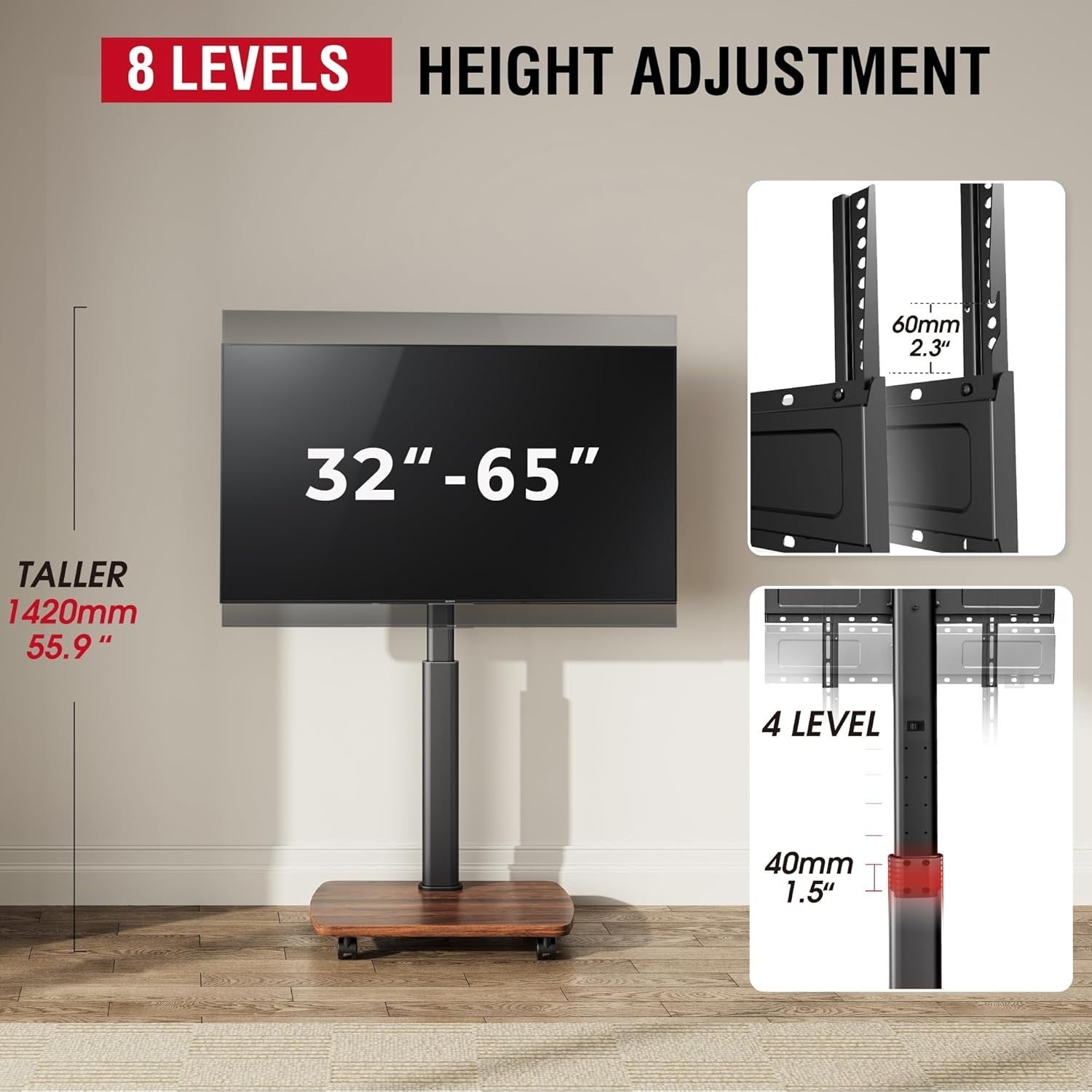 Mobile TV Stand with Wheels | Adjustable Height 32-65” TVs | Swivel Tilt