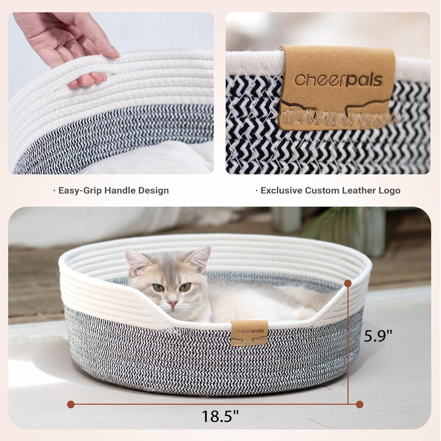Washable Cat Bed Basket 47cm Cotton Rope Woven Cushion All Breed