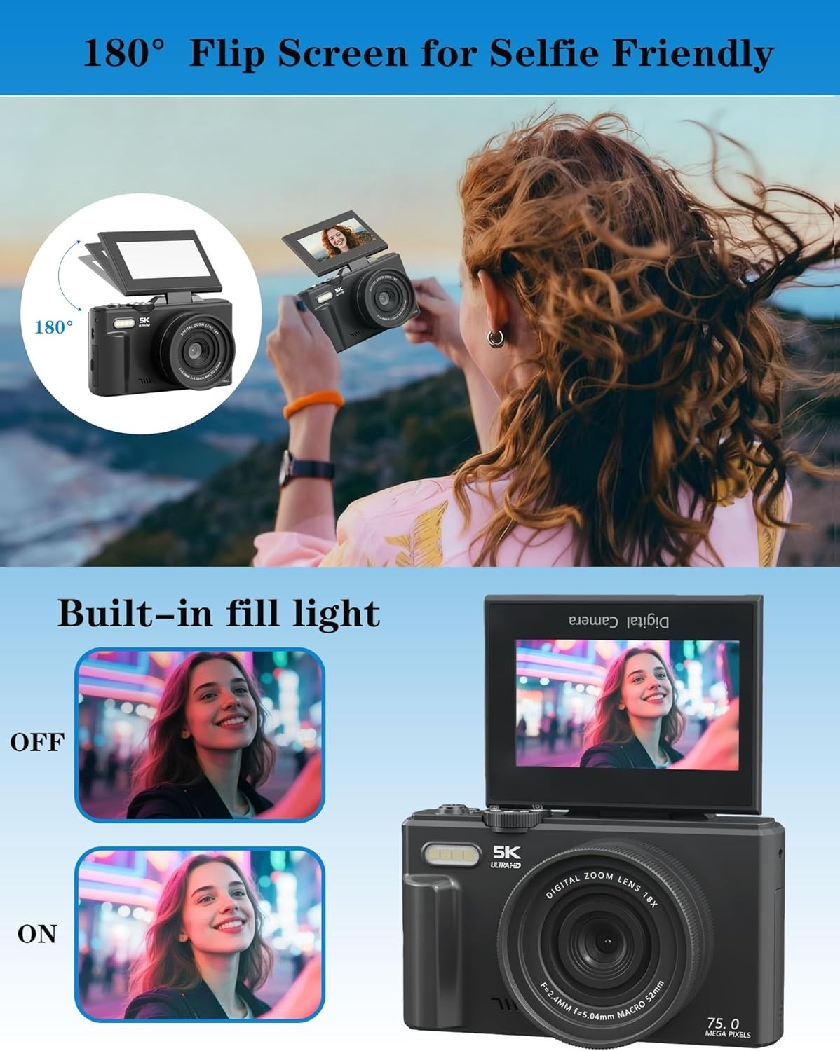 5K 75MP Vlogging Camera WiFi Flip Screen Zoom Camera 64GB Kit