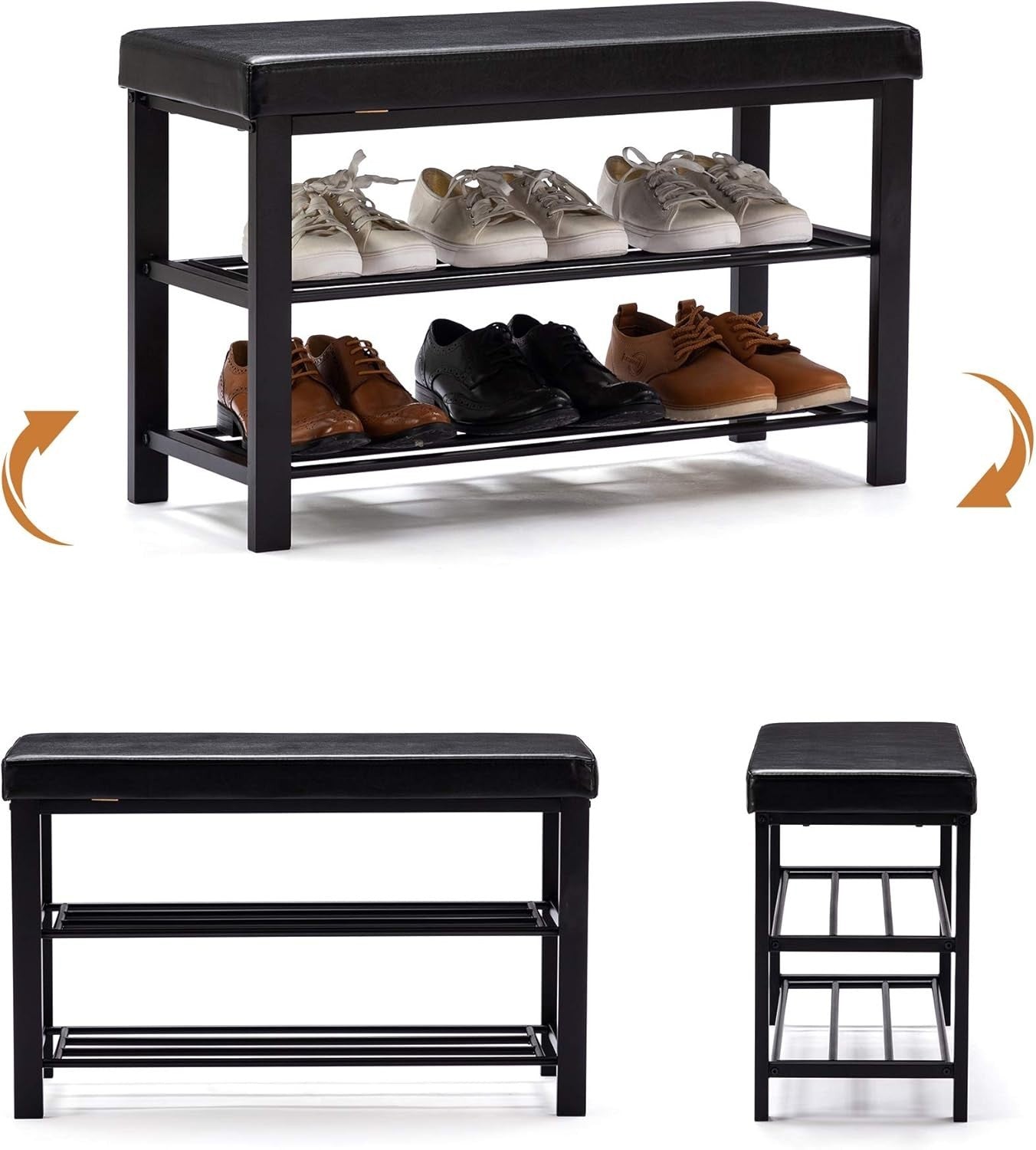 Black Faux Leather Shoe Storage Bench – 3-Tier Industrial Entryway Seat