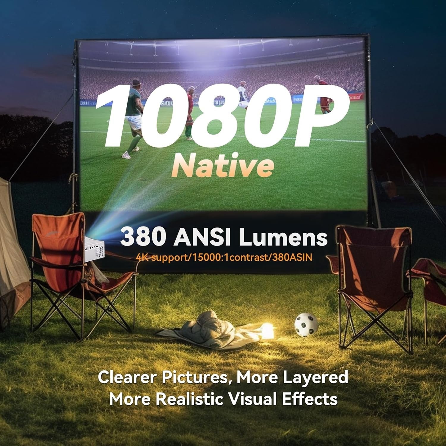 1080P WiFi 5G Bluetooth Projector 380 ANSI 200" 4K Outdoor