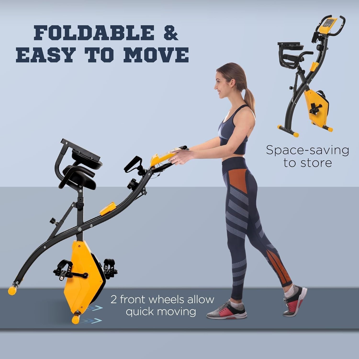 Yellow 3-in-1 Folding Exercise Bike Magnetic Resistance LCD Pulse & Bands