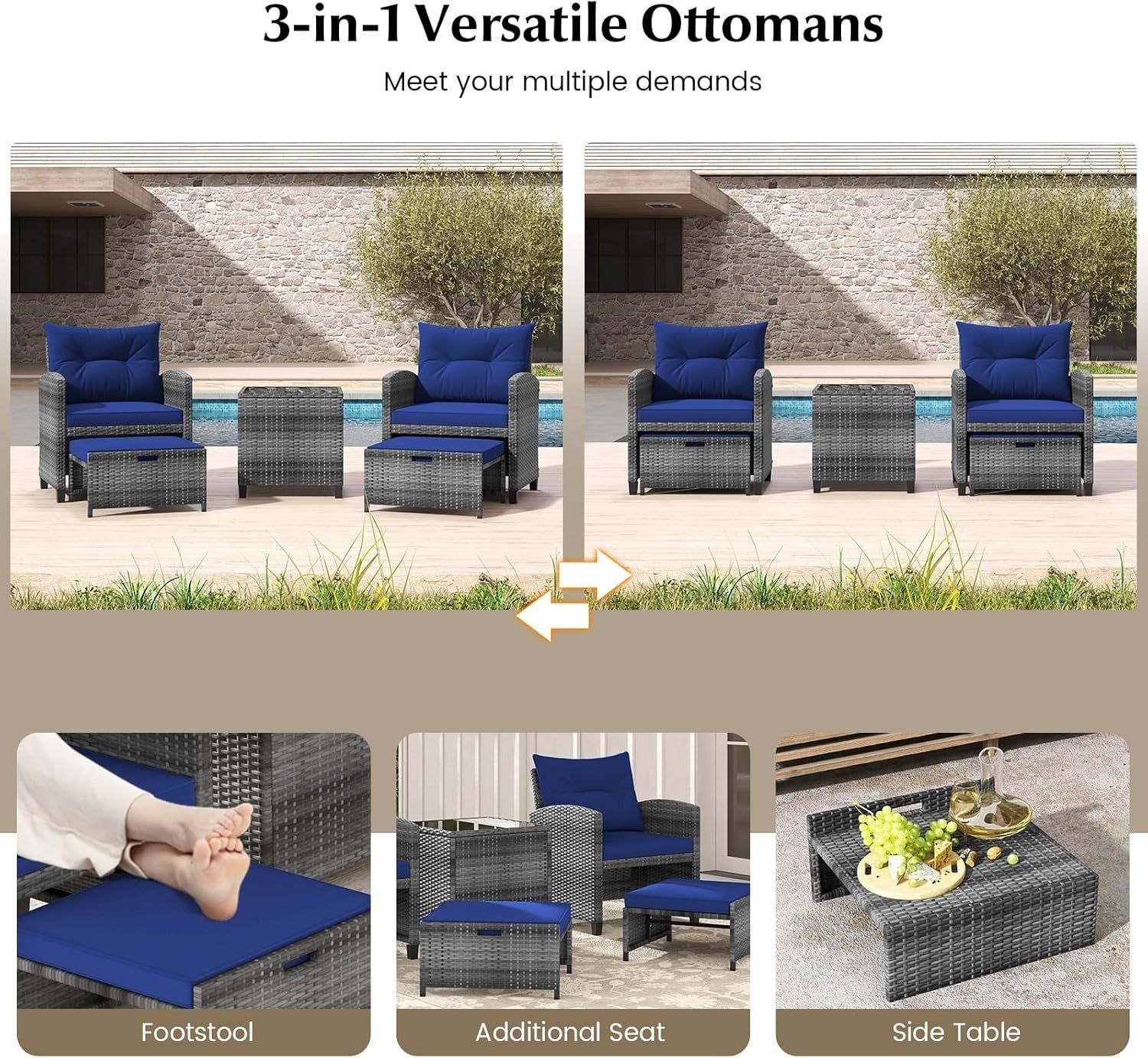 5-Piece Outdoor Rattan Patio Set with Cushions, Glass Table & Footstools