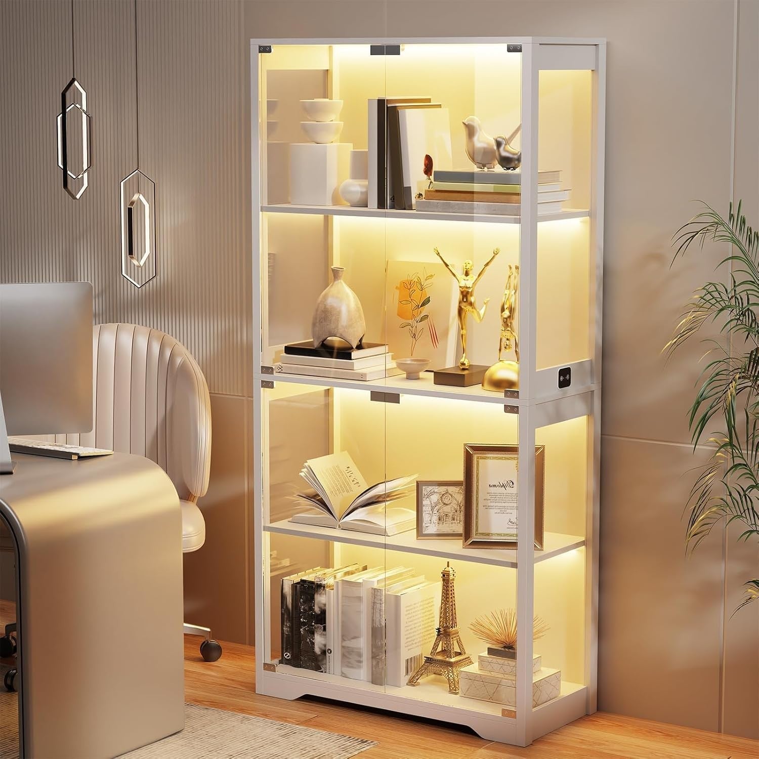LED Glass Display Cabinet with 3-Color Lights & 4-Tier Storage, 80x36x165cm