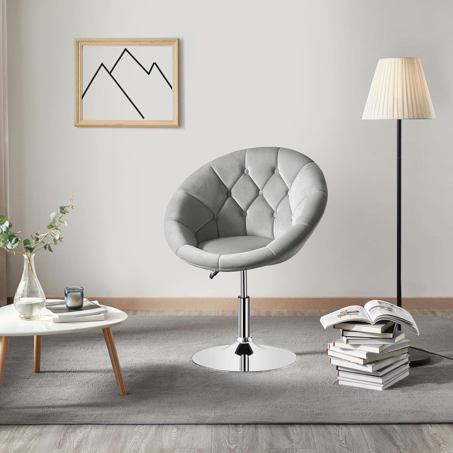 Grey Velvet Swivel Vanity Chair Adjustable Tufted Armchair for Makeup Room