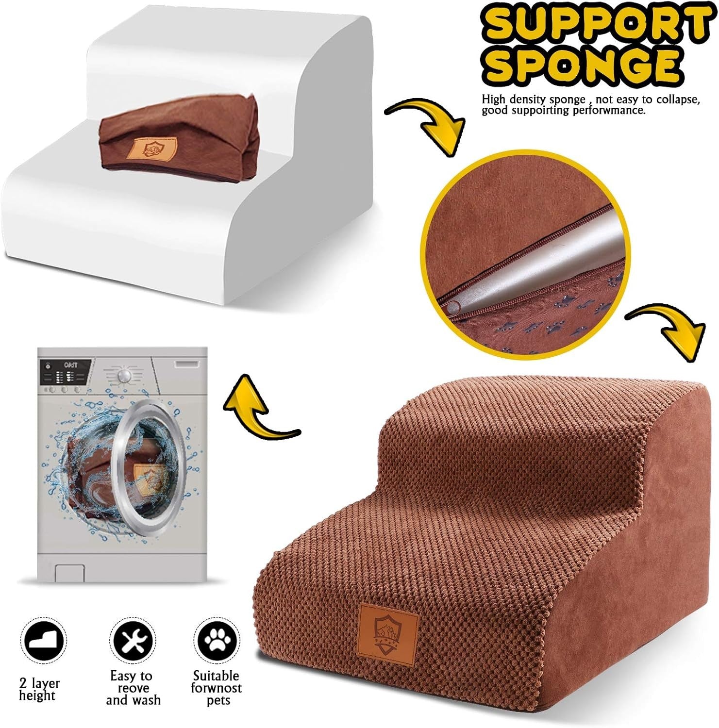 2-Step Dog Stairs Ramp Small Pets Non-Slip Foam Bed Access