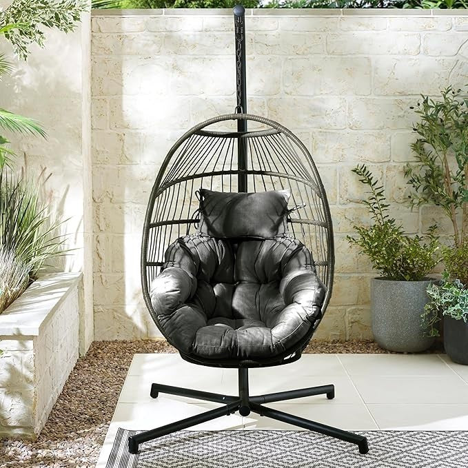 Grey Rattan Hanging Egg Chair Outdoor Garden Swing Seat Cushions Patio Balcony