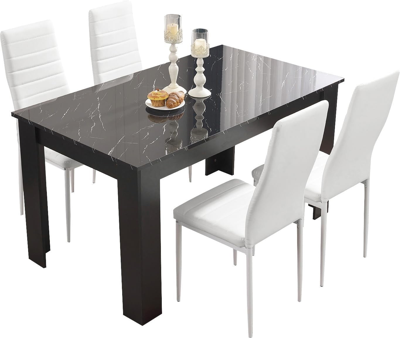 Modern Black Marble Dining Table Set with 4 White PU Leather Chairs, 120cm