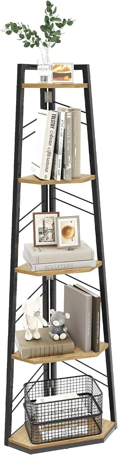 5-Tier Corner Bookshelf Industrial Ladder Shelf Tall Slim Display Unit for Home