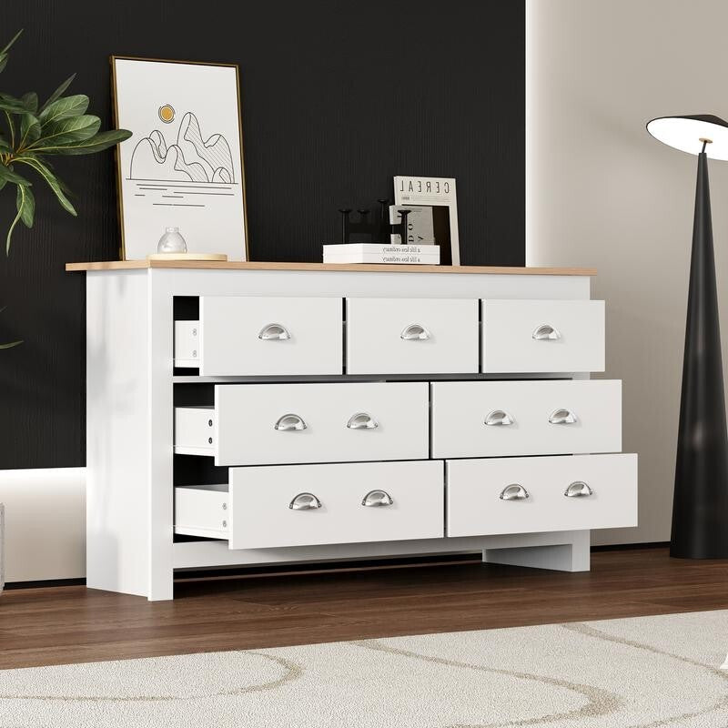 White Oak Sideboard Storage Cabinet 7 Drawer Buffet Table Unit Modern