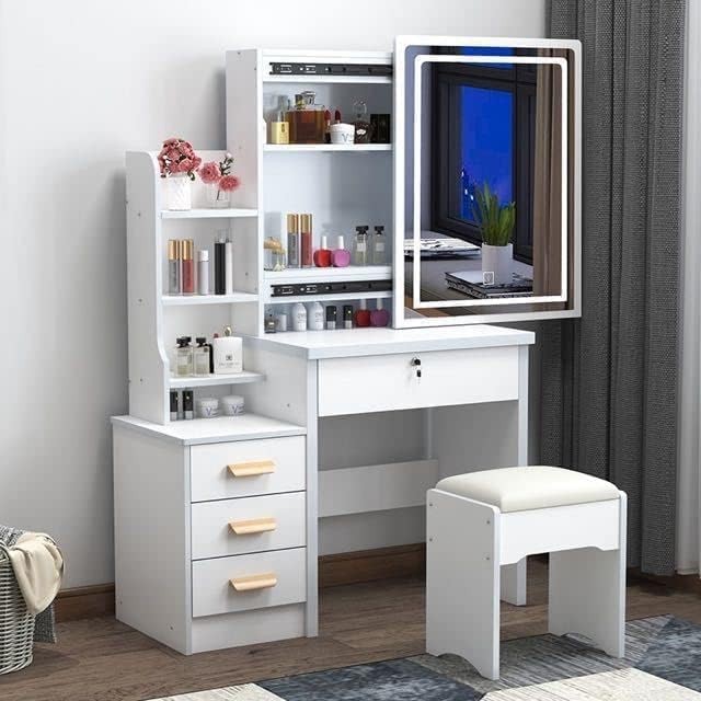 White Vanity Desk w/Sliding Lighted Mirror 4 Drawers Study Table & Stool