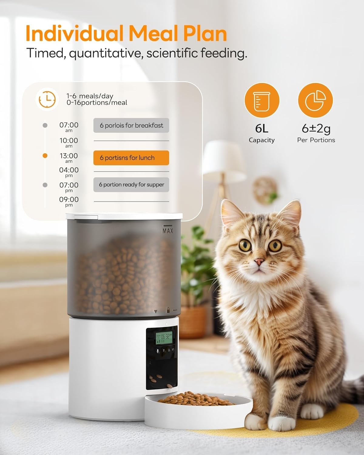 Automatic Cat Feeder 6L Timer Food Dispenser 6 Meal Voice Recorder White