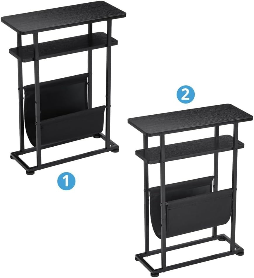 Slim Industrial Side Table with Magazine Holder & Adjustable Feet for Small