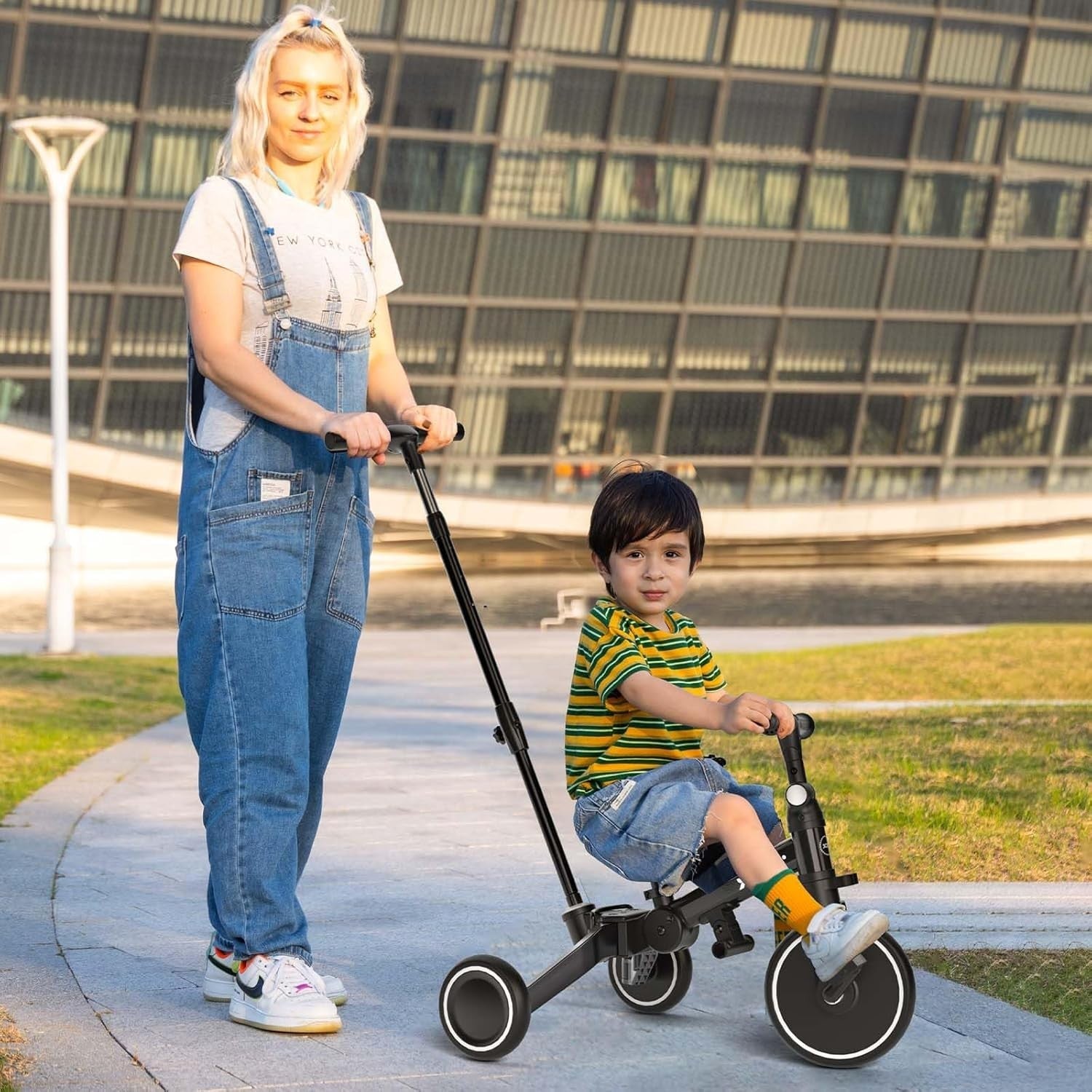6 in 1 Foldable Toddler Tricycle Push Bike Adjustable Handle Black 1-4Y