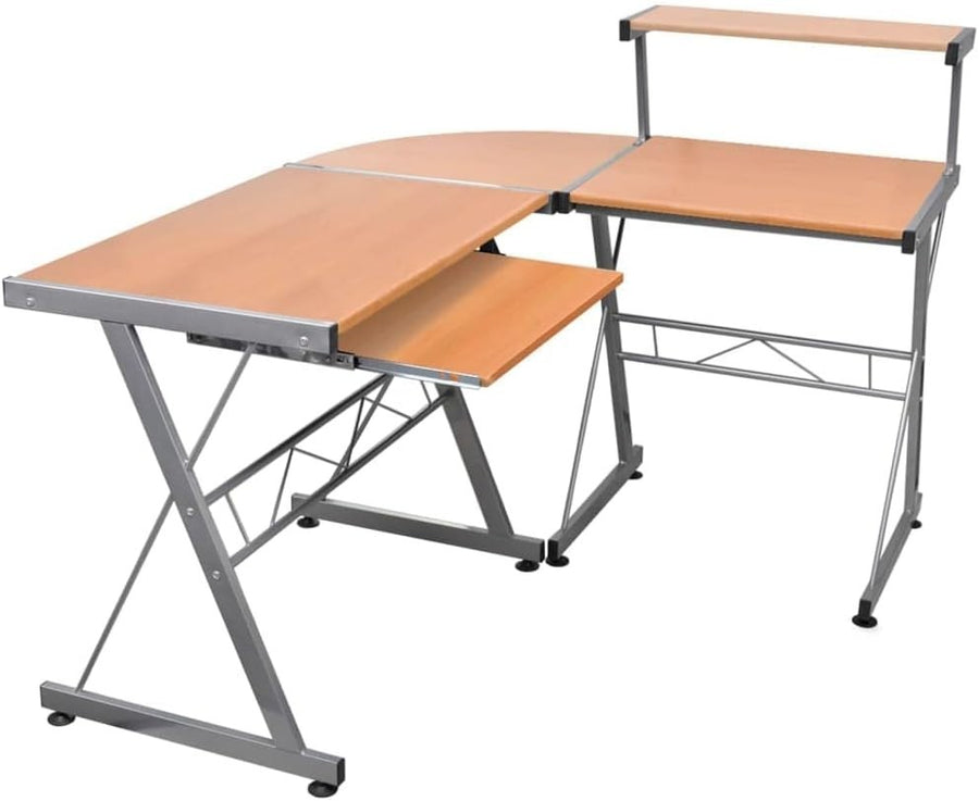 Brown L-Shaped Corner Computer Desk with Keyboard Tray & Shelf – Home Office