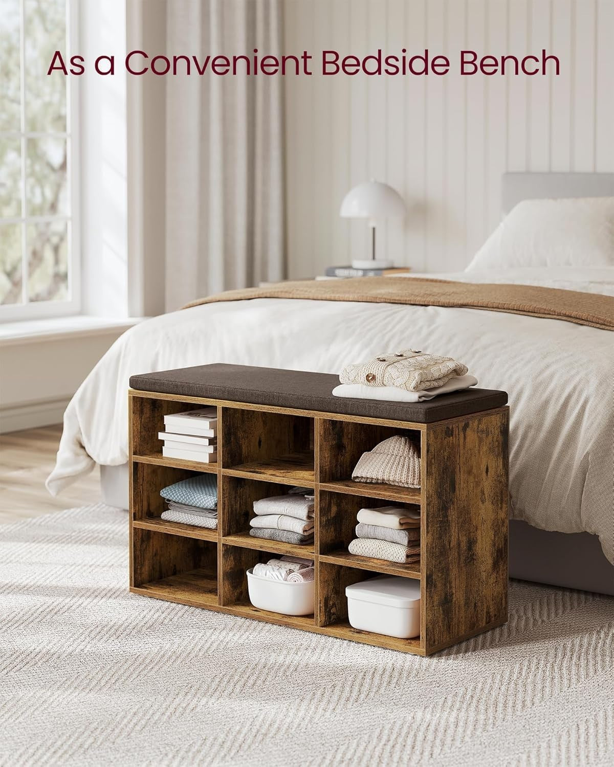 Rustic Shoe Storage Bench with Cushion – 9 Compartment Hallway Organiser 78cm