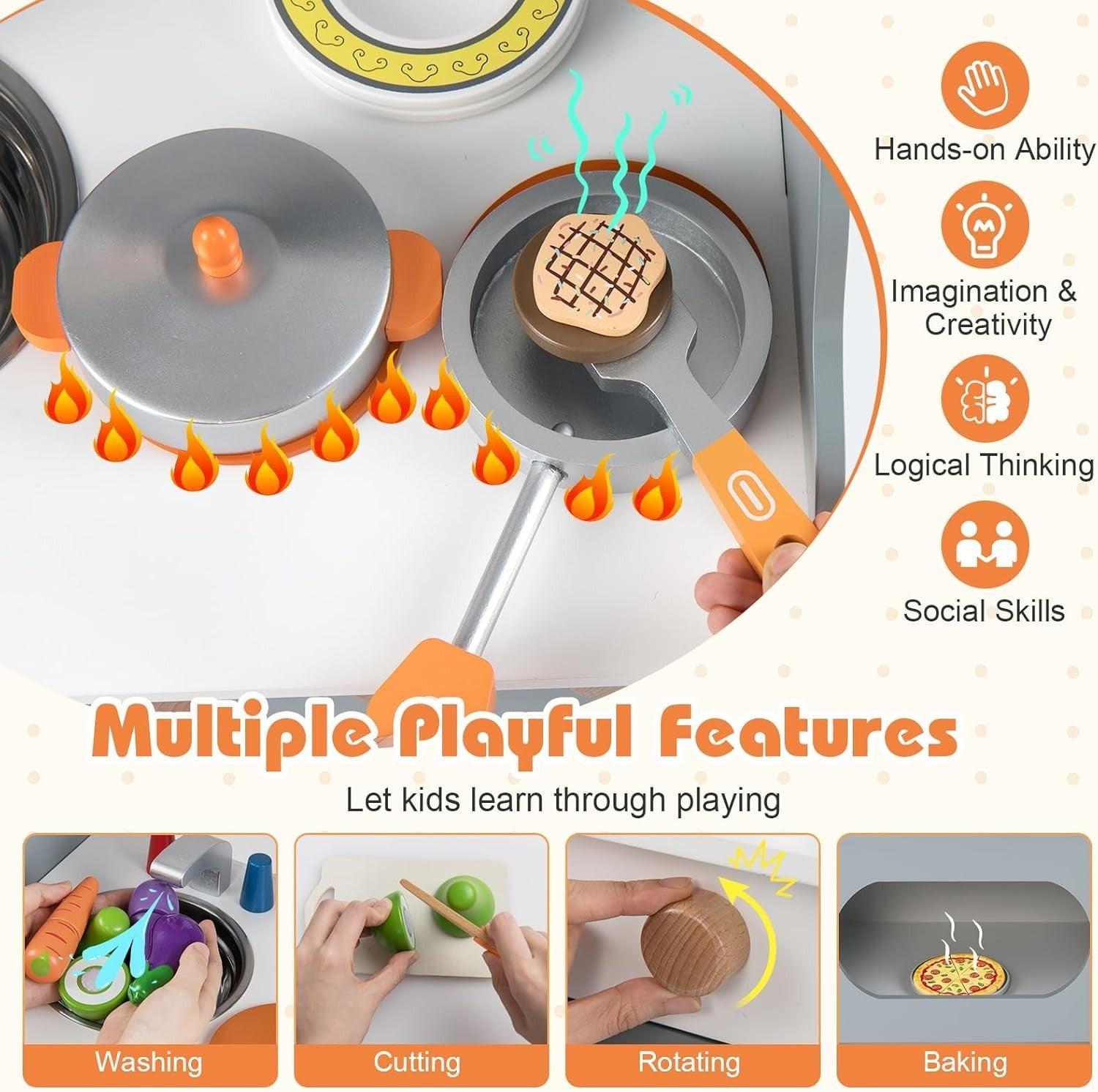 Wooden Kids Play Kitchen Grey Toy Set Stove Sink Oven Accessories